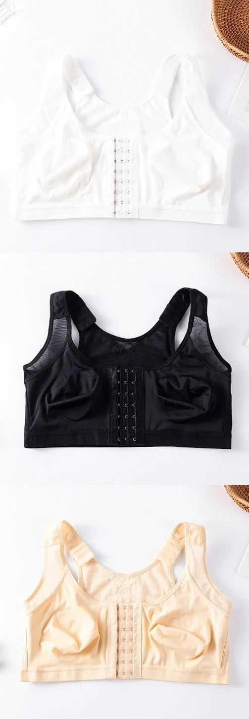 Front Buckle Closed Sports Bra in plus sizes, available in white, black, and apricot