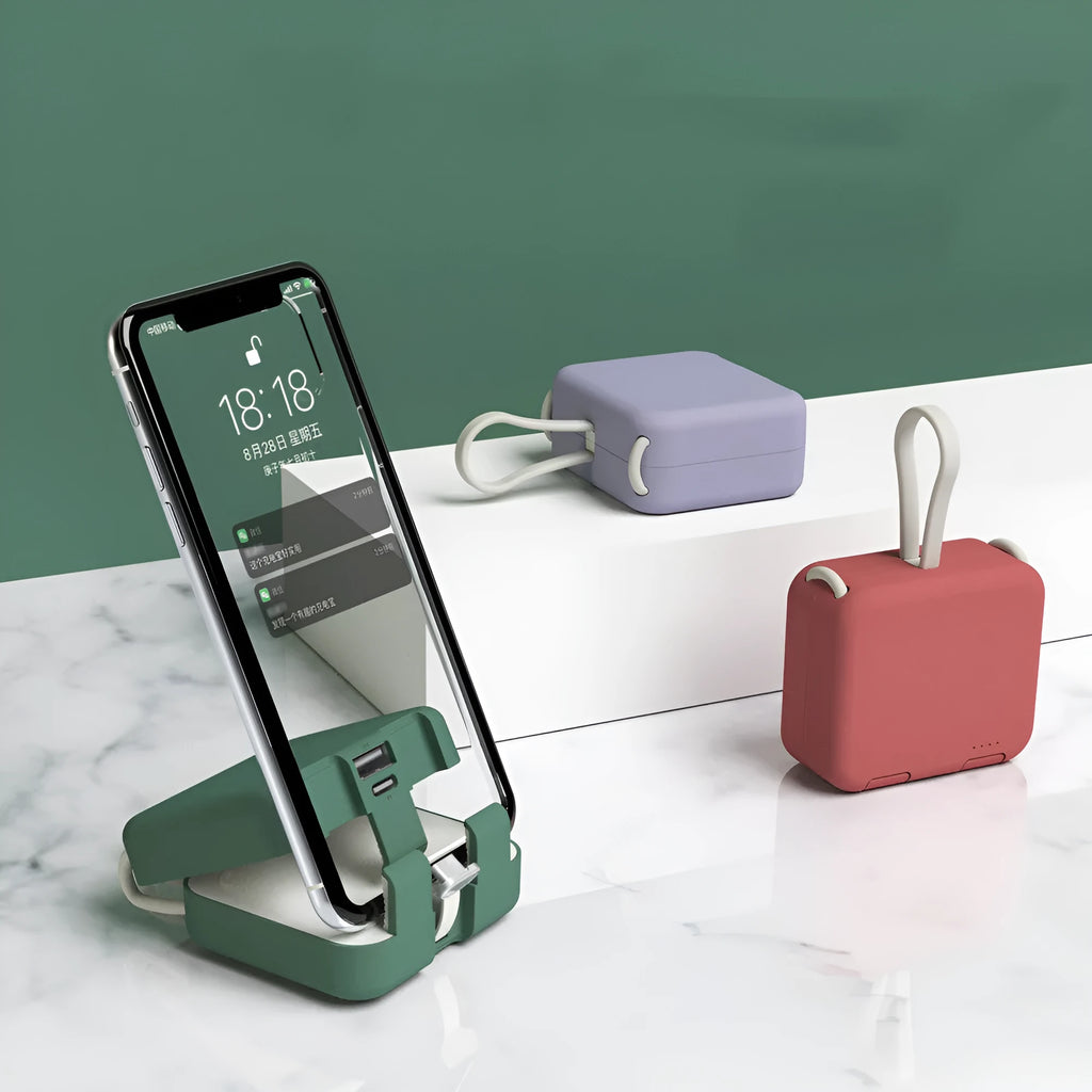 Handbag back clip power bank in blue showing phone stand function and Type-C/Lightning charging ports.