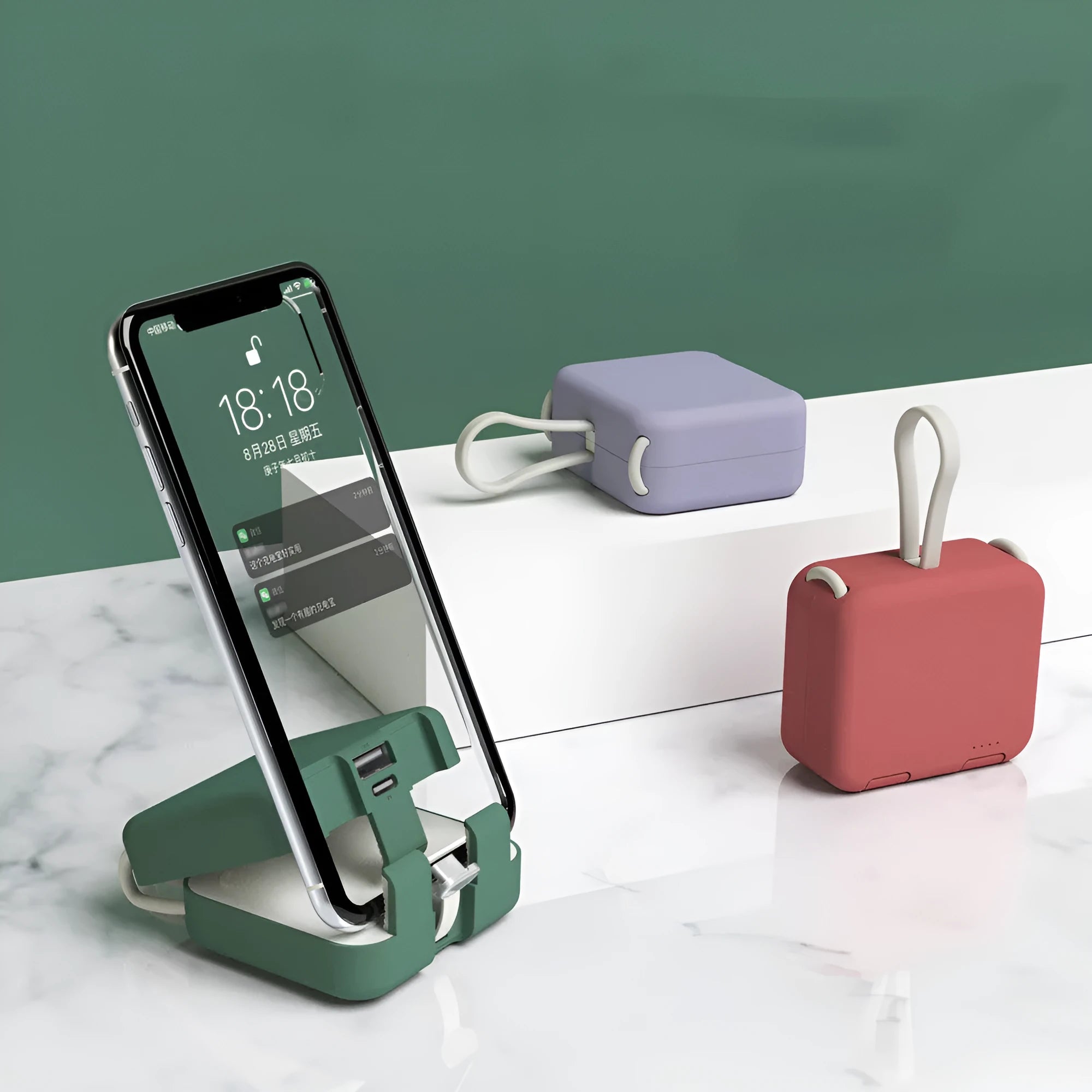 Handbag back clip power bank in blue showing phone stand function and Type-C/Lightning charging ports.