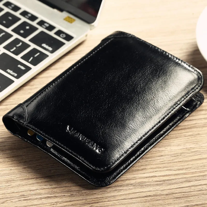 Men's leather wallet showing internal compartments including photo window, card slots and coin pouch