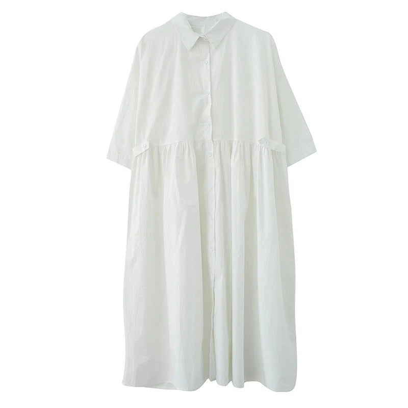 Women's linen casual loose fit short sleeve dress with POLO collar in white and black