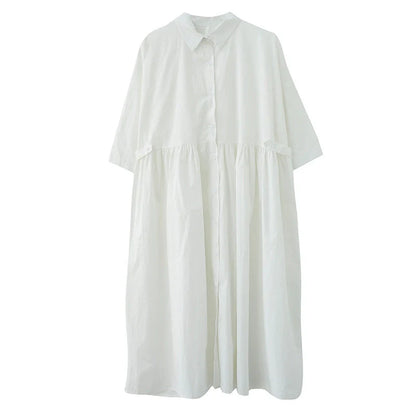 Women's linen casual loose fit short sleeve dress with POLO collar in white and black