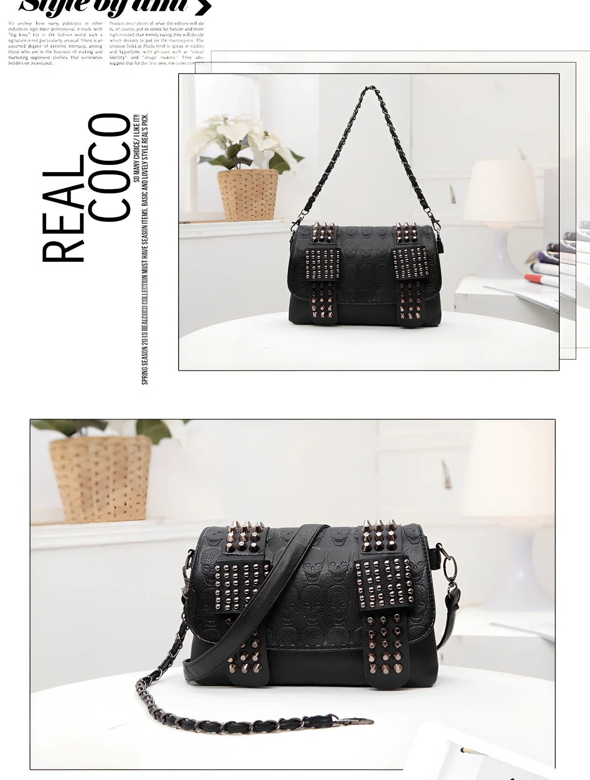 Black Shantou women's messenger bag with rivets, chain handle, and square shape for secure cross-body carry
