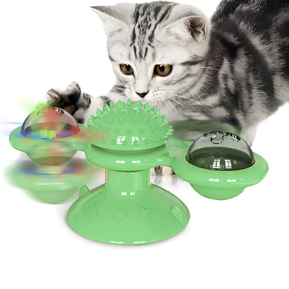 Yellow windmill cat toy with suction base, 158x74x69mm, transparent bins for balls, spinning blades and furry attachment