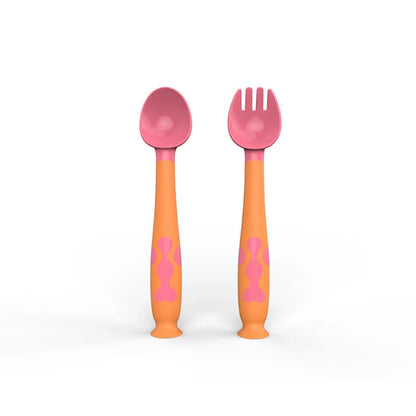 Training Twisting Spoon Fork Set for babies in blue, purple, pink, and yellow