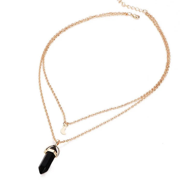Natural stone hexagonal pendant necklace with double moon design in various colours