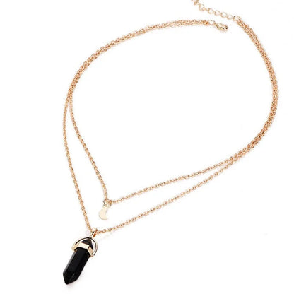 Natural stone hexagonal pendant necklace with double moon design in various colours