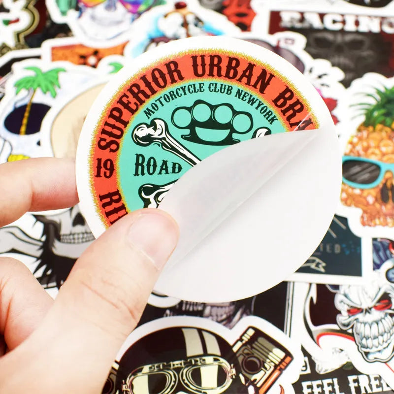 Skull head doodle sticker set of 50, PVC, waterproof, die-cut, multi-colour on white background