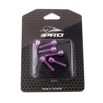 Six stainless steel mountain bike handlebar stem screws in assorted colours on a card.