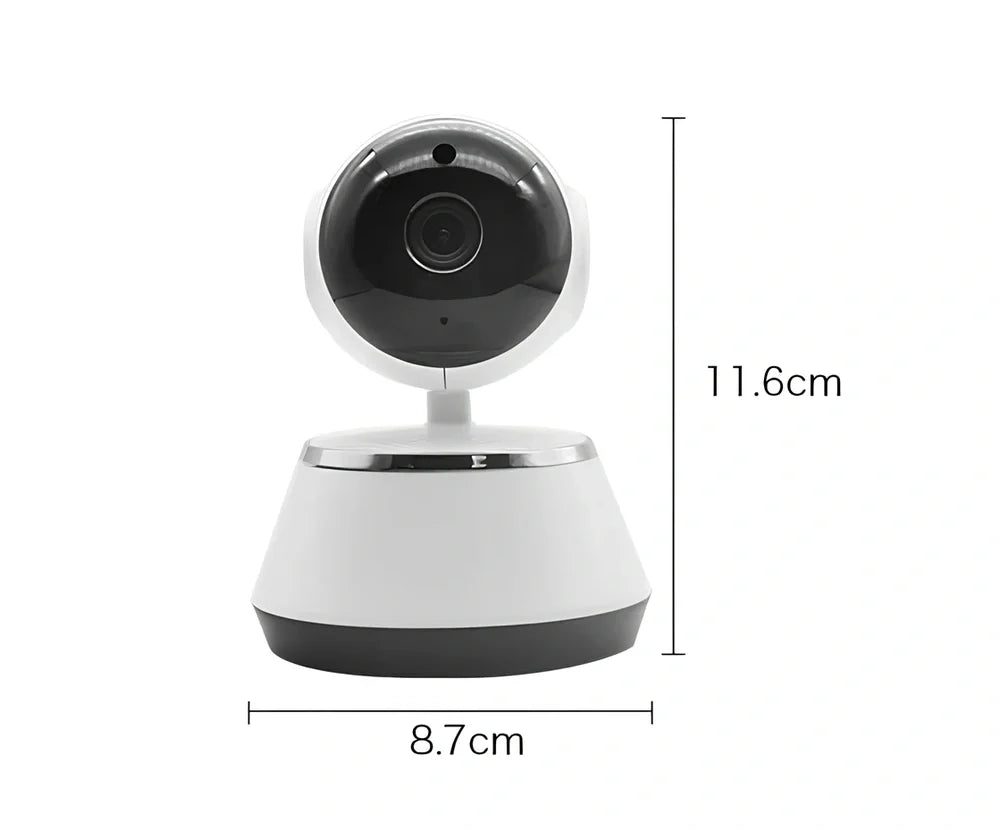 White WiFi baby monitor camera with 720P lens, pan-tilt base, and IR night vision for nursery monitoring