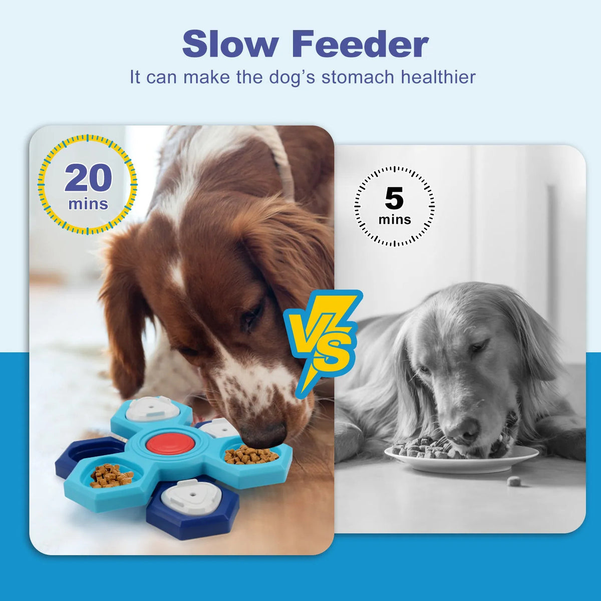 Blue plastic 4-layer slow feeder puzzle dog bowl with non-slip base assembled on a flat surface