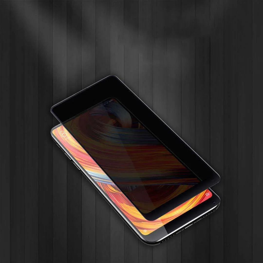 Black matte anti-peep ceramic screen protector film for iPhone showing privacy angle protection