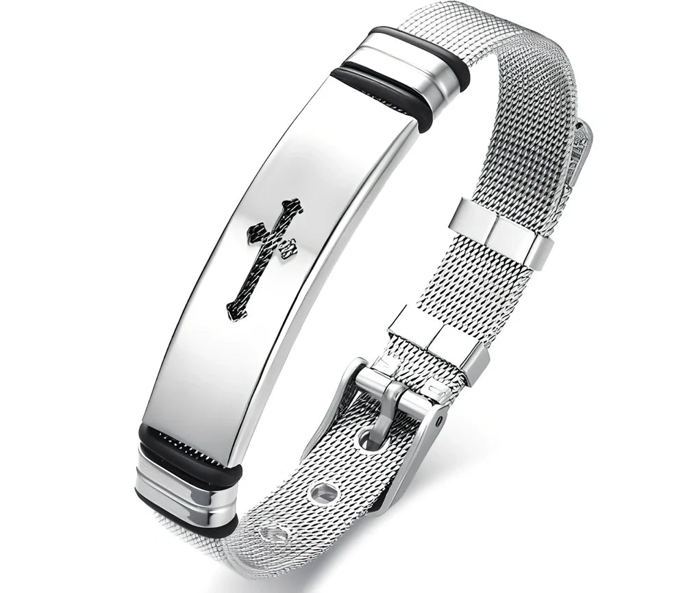 Men's adjustable stainless steel cross Bible charm bracelet, 12mm width, 17.5-22cm length, rust-resistant 316L metal with rope chain
