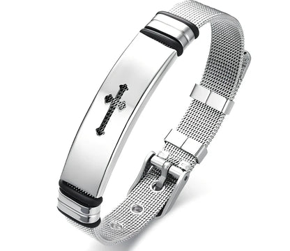 Men's adjustable stainless steel cross Bible charm bracelet, 12mm width, 17.5-22cm length, rust-resistant 316L metal with rope chain