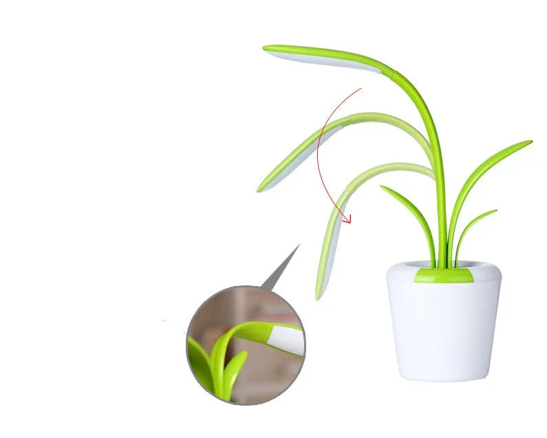 Rechargeable USB LED desk lamp with adjustable brightness levels, night light mode, and a stylish plant-inspired design