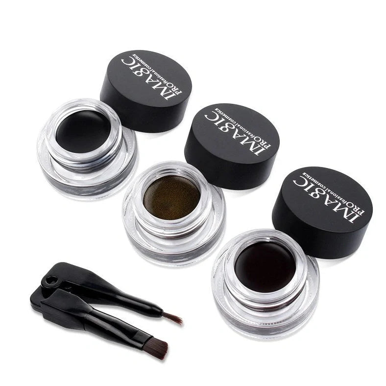 Brush-tip liquid eyeliner with fine 0.5mm applicator showing three colour options E01, E02, E03