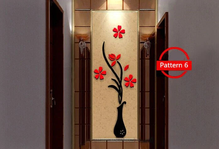 Creative acrylic 3D vase wall sticker in various colors and sizes for home and office decor