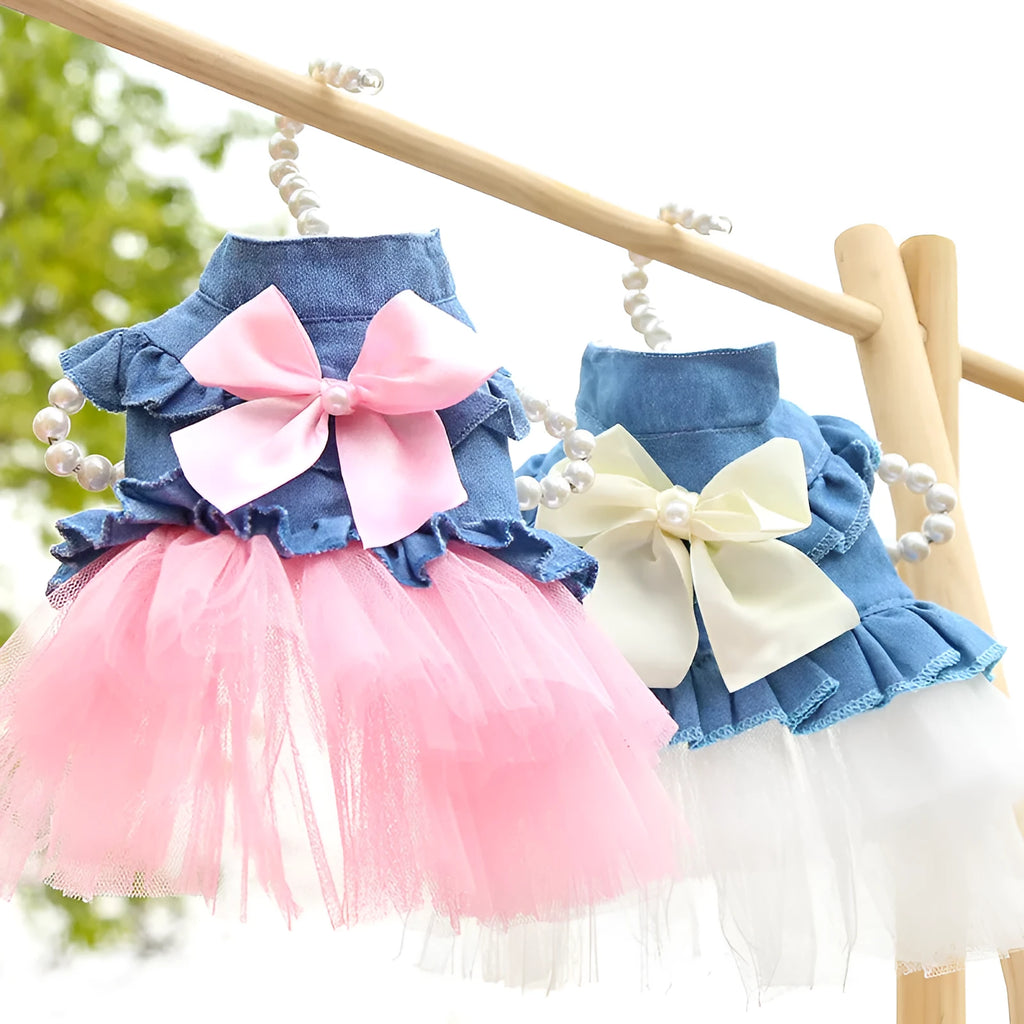 Korean denim pet skirt with creative bow design in princess style for dogs