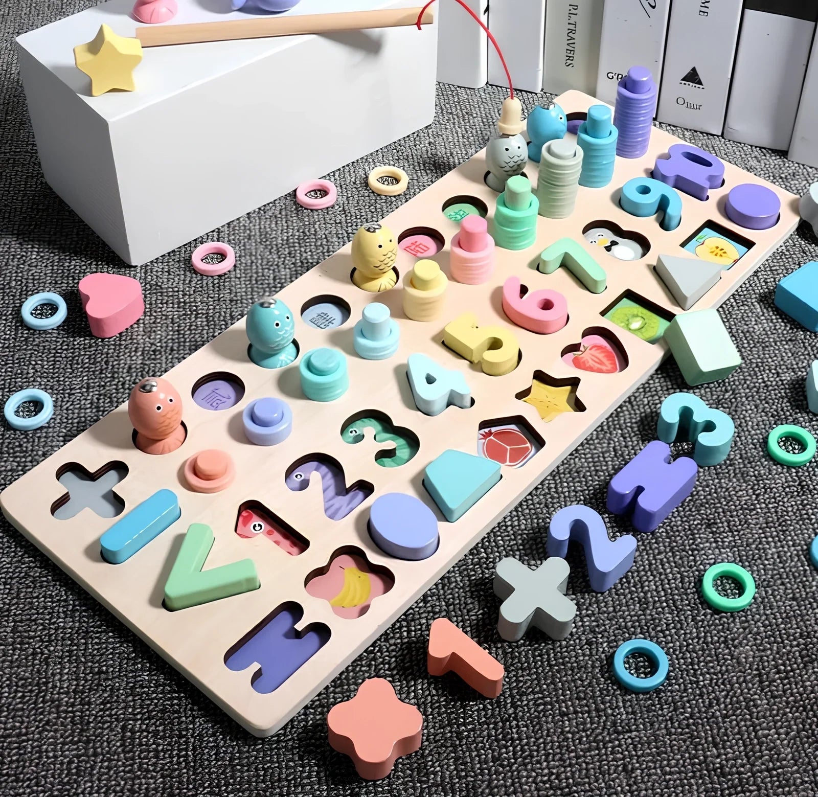 Wooden 3D alphabet number puzzle board 42x16x8 cm with geometric letter and number pieces in ocean blue theme