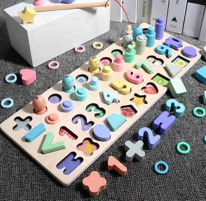 Wooden 3D alphabet number puzzle board 42x16x8 cm with geometric letter and number pieces in ocean blue theme