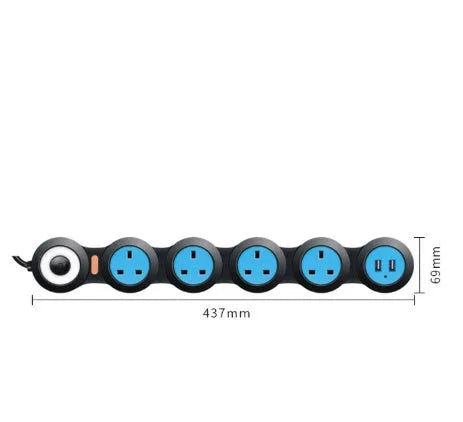 White black UK power strip with five sockets, two USB ports, rotating design and 4m cable
