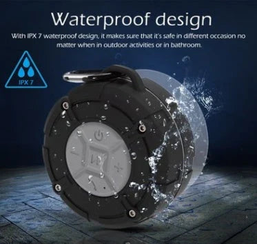 Waterproof Bluetooth speaker in gray and blue options, compact and portable