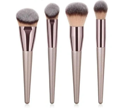 Wooden handle champagne gold makeup brush set with 10 professional-grade brushes for foundation, contouring and blending, featuring synthetic bristles that create streak-free application