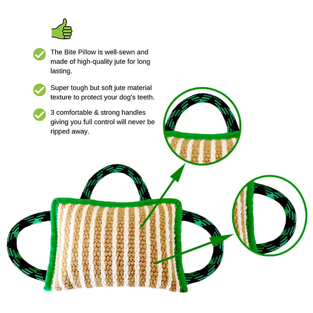 Jute bite pillow dog tug toy with three rope handles in various colours