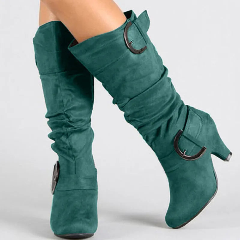 Women's brushed velvet suede boots with high cylinder, tapered heel, and round toe in multiple colours