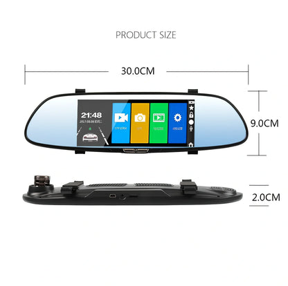 V37 7-inch screen driving recorder mounted on car windscreen showing 1080P footage playback