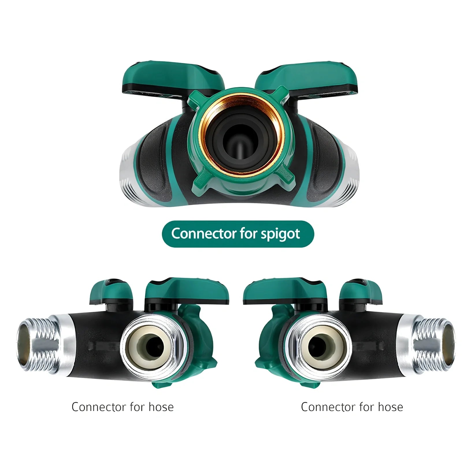 Green Y-type double-pass splitter, 94x91x55mm plastic body with zinc alloy outlets and seals for garden hose connections