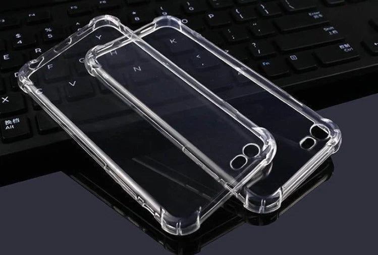 Transparent shockproof iPhone cover compatible with multiple models, showcasing durability and style