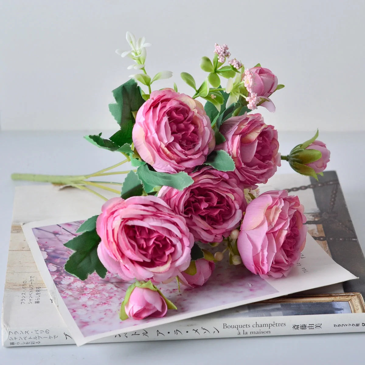 Korean silk flower bouquet with five peonies, 31cm in height, available in six colours