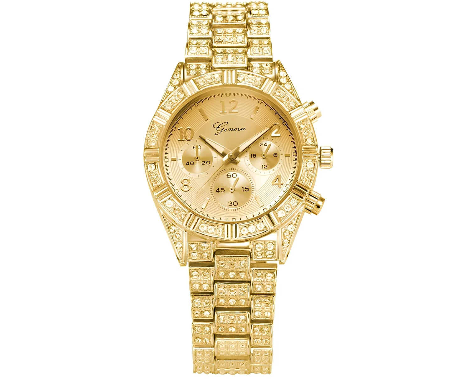 Women's gold crystal quartz analog watch with 38mm stainless steel dial and 22cm band