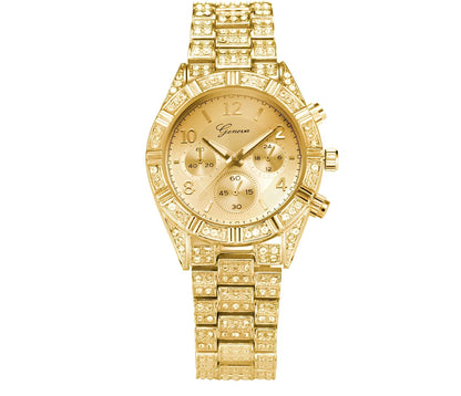 Women's gold crystal quartz analog watch with 38mm stainless steel dial and 22cm band