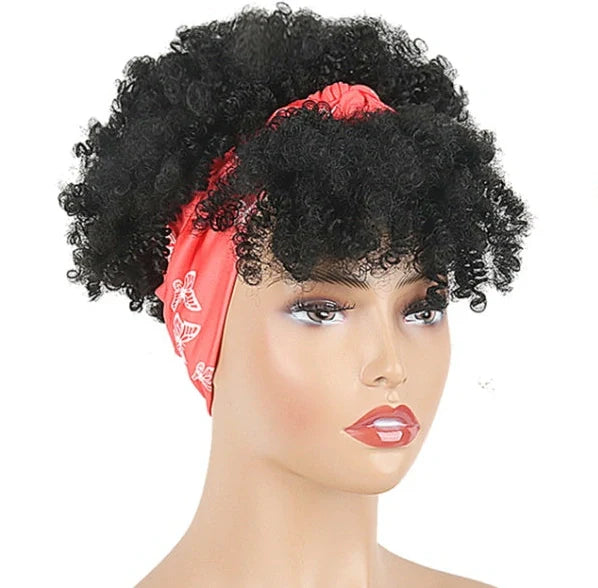 Short kinky curly wig made from high-temperature fibre with transparent lace front, average cap size, can be permed for custom styling