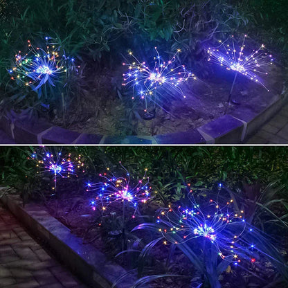 Solar-powered string lights with fireworks-inspired lighting effects, perfect for outdoor gardens, patios, and parties