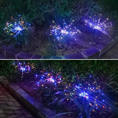 Solar-powered LED fireworks light string for outdoor decoration in various colors
