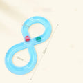 Blue interactive cat play track with turntable ball and four toy attachments on a white background.
