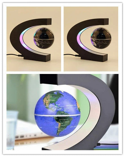 Magnetic levitation globe floating above base with LED light on