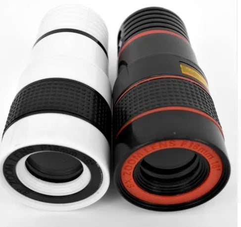 12x magnification phone telescope lens with mounting clip on a smartphone