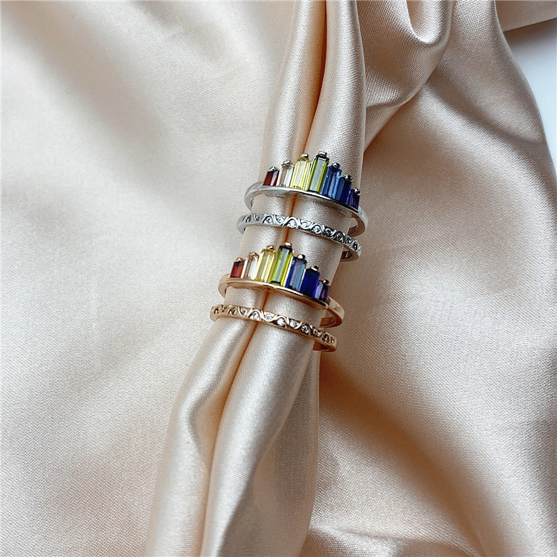 Fashion Rainbow Micro Diamond Ring in copper with Korean style geometric design