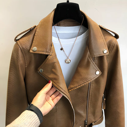 Women's short black imitation leather jacket with lapel collar and belt, 50cm length, S-XL sizes for spring autumn