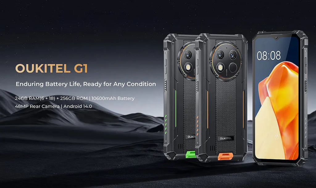 OUKITEL G1 mobile phone in grey, green and orange colours with charger and manual