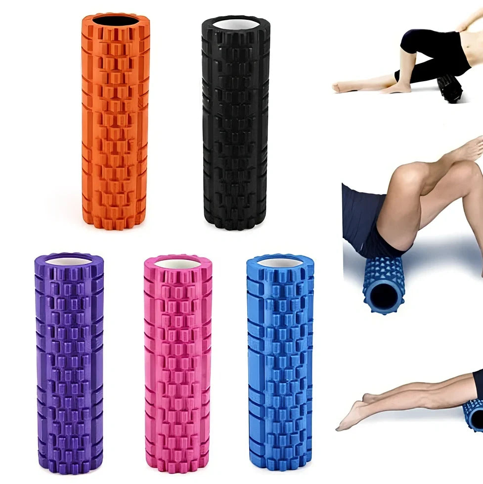 Blue EVA yoga foam roller 30cm long with massage points for muscle recovery