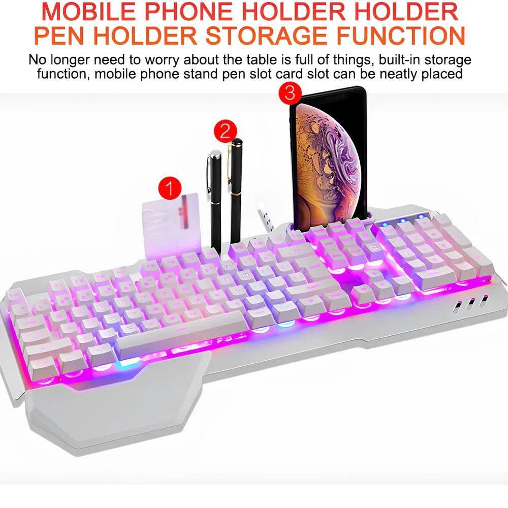 Black wired gaming keyboard with RGB backlight, phone holder, and magnetic wrist rest on desk