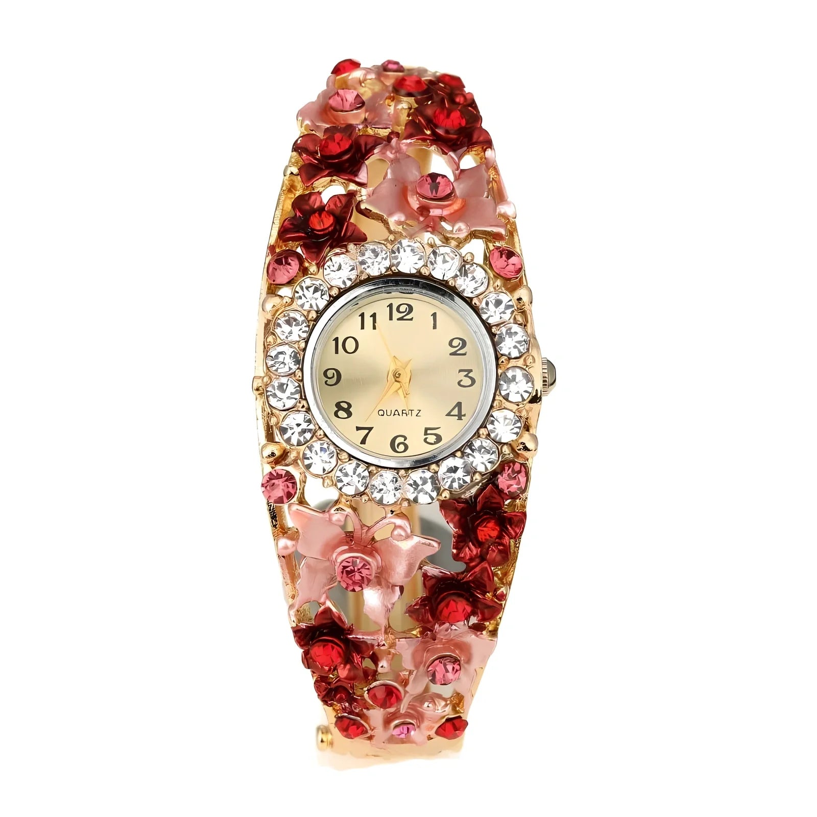 Small round flower diamond ladies bracelet watch, 20mm diameter, 10mm thick, alloy strap in gold colour with mineral glass mirror