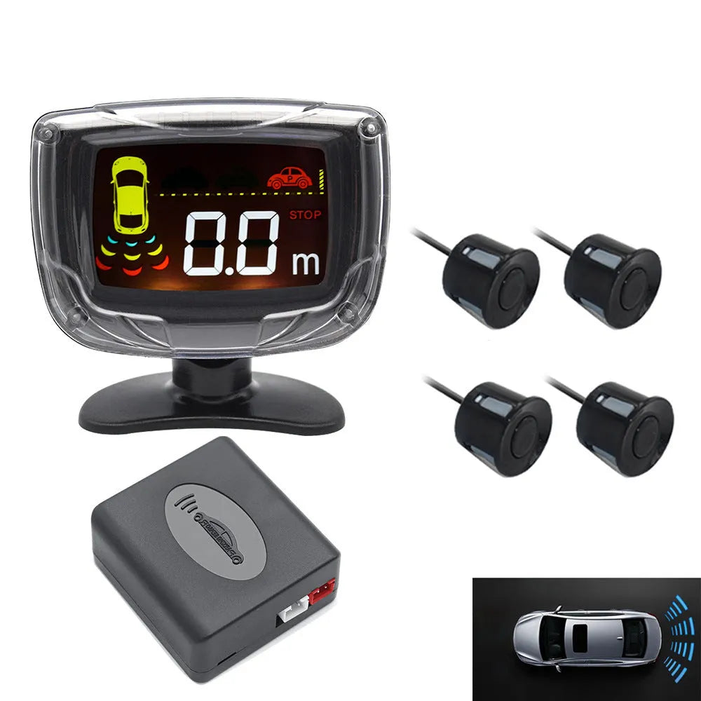 Wireless reversing sensor system with LED display unit, four probes, and installation accessories for vehicle obstacle detection