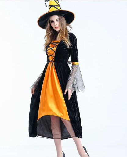 Adult women's sorceress witch costume for Halloween and carnival, available in grey and orange.