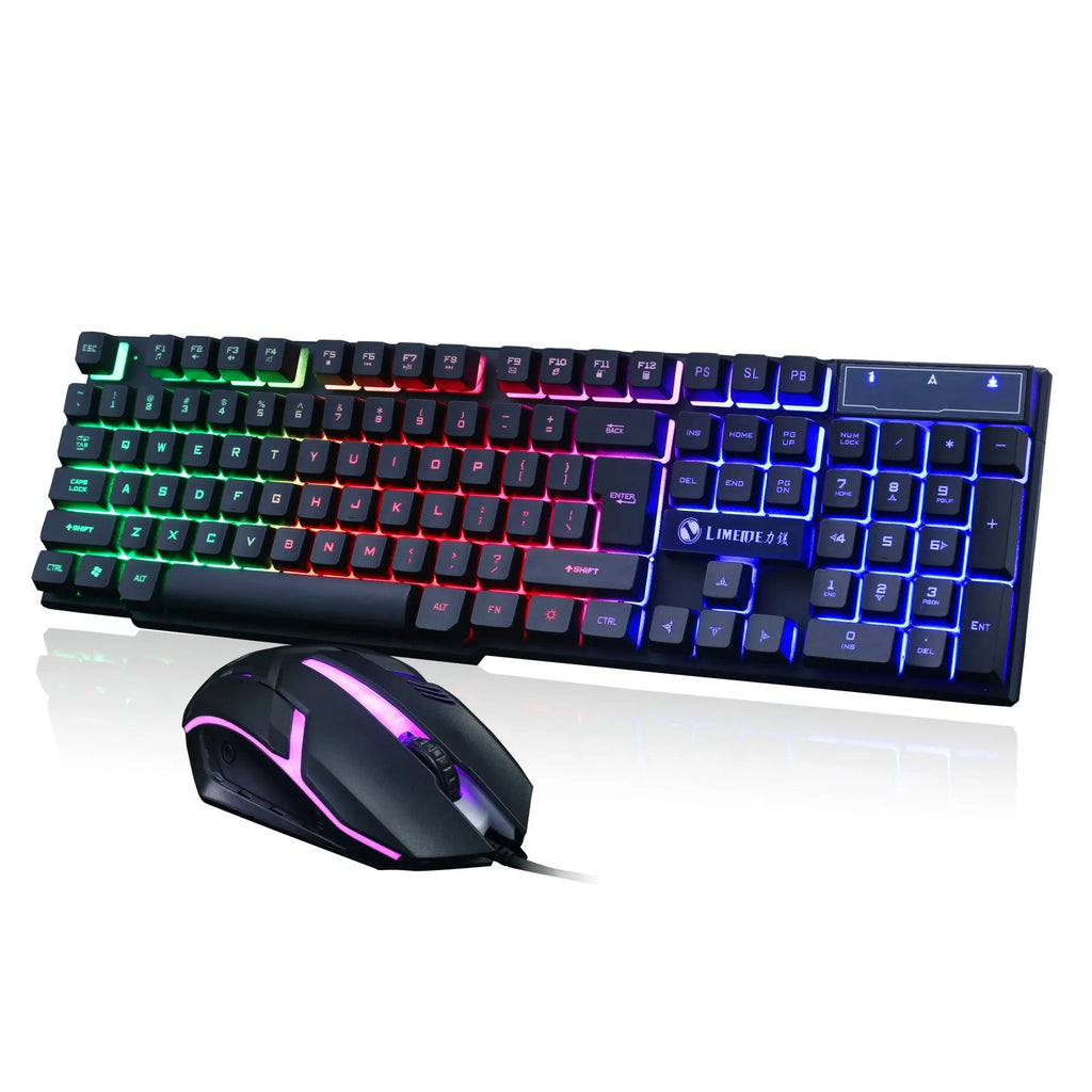 Limei GTX300 white and black wired USB gaming keyboard and mouse set with backlit keys on a desk.